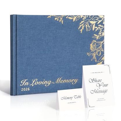 Funeral Guest Book, Celebration of Life, Blue Linen 2026, 120 Pages - color: Blue