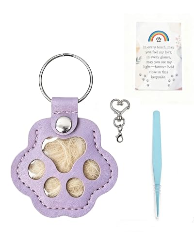 Cat & Dog Hair Keychain, Leather Dog Paw Hair Holder Fur Collection Key Chain Keepsake Pet Loss Memorial Gift - color: Purple