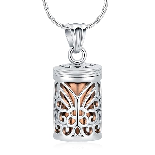 constantlife Cylinder Cremation Jewelry for Ashes Hollow Butterfly Urn Necklace for Women Men Memorial Vial Urns for Human/Pet Ashes - color: Silver-rose gold