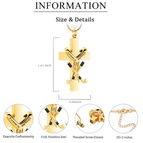 zeqingjw Cross Urn Necklace for Ashes for Men Women Stainless Steel Cremation Golf Clubs Jewelry Ashes Keepsake Memorial Pendant Ash Holder of Loved Ones - color: Gold