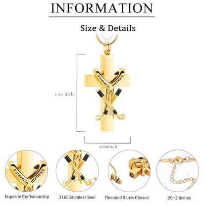 zeqingjw Cross Urn Necklace for Ashes for Men Women Stainless Steel Cremation Golf Clubs Jewelry Ashes Keepsake Memorial Pendant Ash Holder of Loved Ones - color: Gold