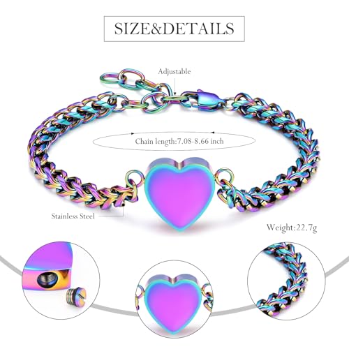 Heart Cremation Urn Bracelet for Ashes, 316L Stainless Steel Memorial Jewelry, Adjustable Cuban Link Keepsake Bracelet for Pet/Human Loss, Filling Tools & Gift Box Included - color: Customize