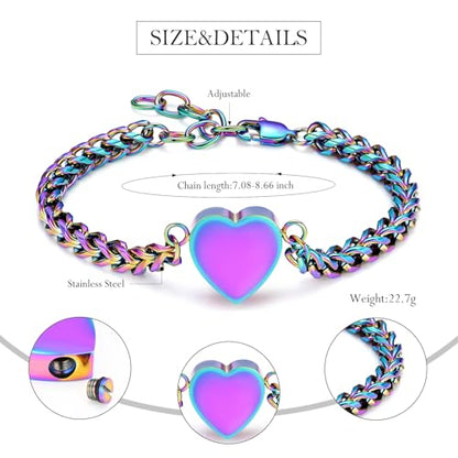 Heart Cremation Urn Bracelet for Ashes, 316L Stainless Steel Memorial Jewelry, Adjustable Cuban Link Keepsake Bracelet for Pet/Human Loss, Filling Tools & Gift Box Included - color: Customize