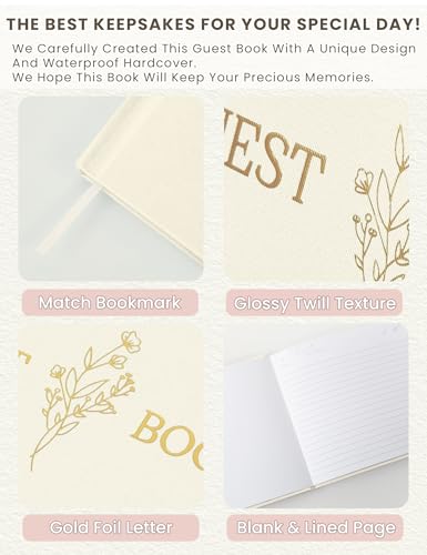 Wedding Guest Book, Polaroid Photo Guestbook for Baby Shower, 9x7.5" | Table Sign Included, Gold Stamping, Twill-Textured Hardcover, Perfect For Bridal Party & Baby Shower, White - color: Flower-beige