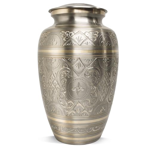 Cremation Urns for Human Ashes – Handcrafted 200 Cu in Brass Memorial Urn with Tight-Seal Lid – A Beautiful, Lasting Tribute for Loved Ones (Silver, Large) - color: Silver