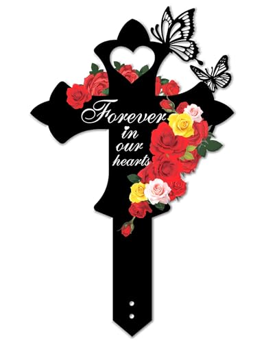 "Forever in Our Hearts" Memorial Plaque, Metal Cross Decor Cemetery Decorations for Grave, Heart, Flowers & Butterflies, Weatherproof Grave Markers for Outdoor Use, Neutral Sympathy Gift for Lost Loved Ones - style: "Forever in Our Hearts" Memorial Plaque