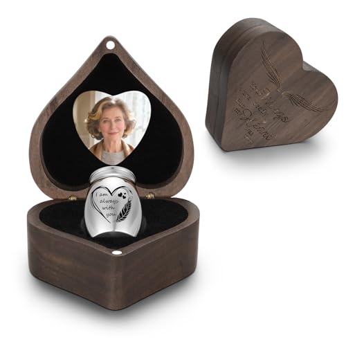 SOITIS Engraving Wooden Heart Box, Small Urn for Human Ashes Keepsake, 1.57 Inch Memorial Urn for Ash, Mini Urn for Human Ashes for Women Men, Funeral Cremation Keepsake Holder - color: Custom-heart+feather