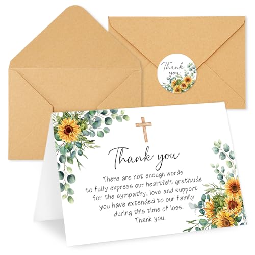 Whaline 50 Pcs Funeral Thank You Card Sunflower Eucalyptus Sympathy Thank You Card with Sticker Envelope Greenery Floral Bereavement Card for Memorial Service Loved Ones Celebration of Life