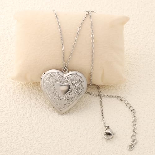 Gold Locket Necklace for Women, Vinatge Heart Oval Butterfly Angel Engraved Pendant that Holds Picture Photo Locket Memorial Necklace Personalized Jewelry Birthday Gifts - color: Heart/Silver
