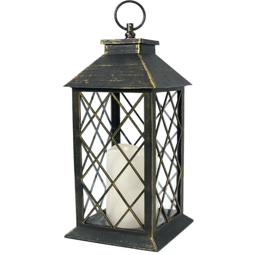 13.5" Outdoor Candle Lantern Decorative with LED Pillar Candle Battery Powered (Distressed Gold, 6hr Timer) - IP44 Waterproof Decorative Tabletop Lanterns Hanging Lanterns Indoor Outdoor - color: [TODAY's Deal] Distressed Gold Lantern - White Candle