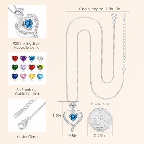 925 Sterling Silver Rose Love Heart Birthstone Necklaces for Women Jewelry | Hypoallergenic Nickel-Free & Lead-Free Pendant,Birthday Anniversary Christmas Gift for Women Wife Mom Girlfriend - color: White Gold-03-Mar
