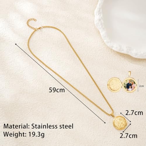 Stainless Steel Photo Locket Necklace for Women, 3mm Box Chain, Personalized Picture Holder Pendant, Waterproof Hypoallergenic Sentimental Jewelry Gift - color: Floral Engraved Round Gold