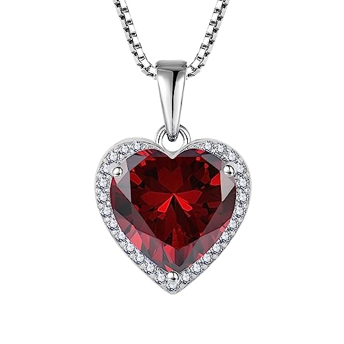 925 Sterling Silver Halo Heart Necklace for Women | Lwsary Love Heart Necklace, Heart Cut Birthstone Jewelry for Her - color: Red