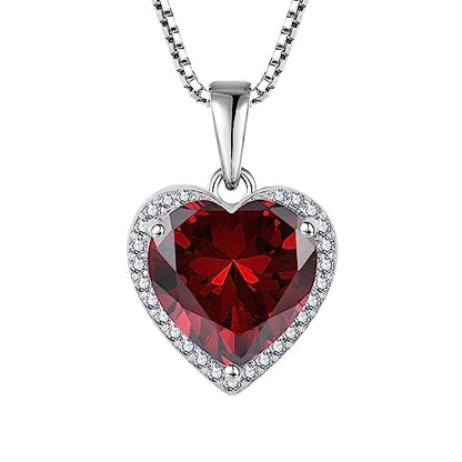 925 Sterling Silver Halo Heart Necklace for Women | Lwsary Love Heart Necklace, Heart Cut Birthstone Jewelry for Her - color: Red