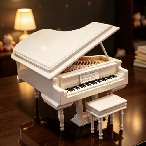Mylifestyle White Piano Music Box with Bench and Black Case Musical Boxes Gift for Christmas/Birthday/Valentine's Day, Melody Castle in The Sky - color: White