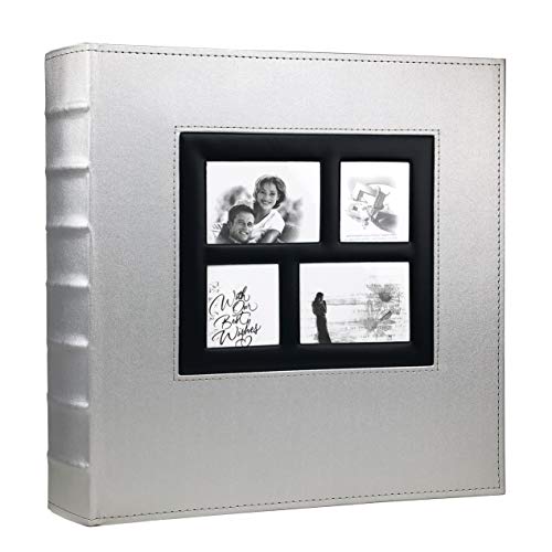 RECUTMS Self Adhesive Photo Album Magnetic Leather Scrapbook 60 Page Silver | Self-Stick Double Sided White Inner Page, DIY Large Albums for All Size Pictures, Cover Window, Birthday Family Wedding Book - color: Silver, size: 13.3''X13.4'' 60Pages-White P
