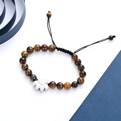 constantlife Cremation Bracelet for Ashes Stainless Steel Paw Print Urn Jewelry Braided Rope Adjustable Bangle Keepsake Pet Dog Cat Ash Holder Memorial Gift for Women Men - color: Tiger Stone-Silver