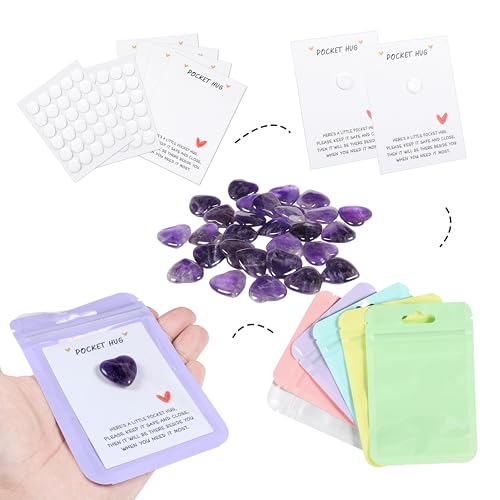 28 Sets Bulk Pocket Hug Amethyst Heart Worry Stone Keepsake Exchange Relationship Cards for Colleagues Family Distance Social Celebration of Life Gift - color: Amethyst