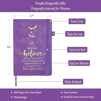 Dragonfly Gifts Women, Inspirational Encouragement Dragonfly Gift Ideas | Hardcover Notebook Gold Foil 200 Pages A5 Lined, Dragonfly Themed Gift for Dragonfly Lover Friend Birthday Holiday Christmas - color: Purple