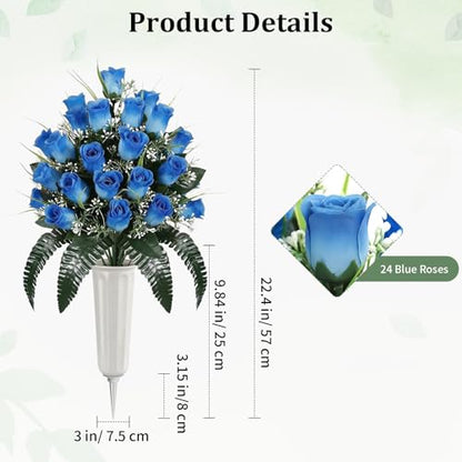 Lewondr Artificial Cemetery Flowers with Vase for Grave, Blue Roses, 2 Pack - color: Blue