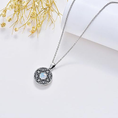 Round Locket Necklace 925 Sterling Silver Filigree/Flower Locket Necklace That Holds Pictures Birthday Christmas Jewelry Gifts for Women - color: 04-White Opal Locket