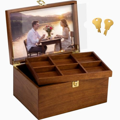 Junkin Large Wooden Keepsake Box with Lock & Photo Frame Lid Customizable Dividers Elegant Wedding Treasure Box for Photos, Letters, Time Capsules, Bride Gift, Decorative Storage