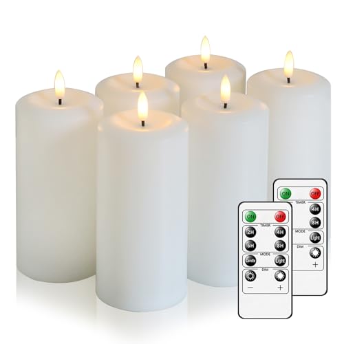 Flameless Candles Battery Operated with Remote and 2/4/6/8 H Timer, 6pcs Flickering Fake Electric Candles for Festival Wedding Home Party Decor (D3 x H 6") (White) - color: White