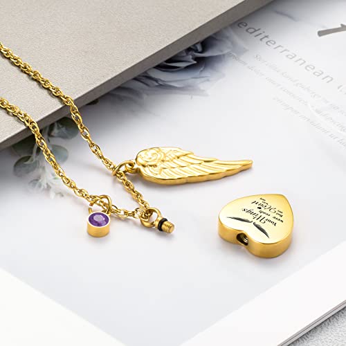 Dletay Heart Urn Necklace for Ashes with 12 Birthstones Cremation Jewelry for Ashes -Your Wings Were Ready My Heart Was Not - color: Your wings-Gold