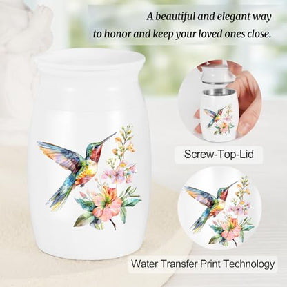 Abooxiu Small Hummingbird Mini Aluminum Memorial Urn - White, Green Pattern - 3 Inches Tall - Human Ashes Keepsake - Secure Threaded Lid - Elegant & Exquisite Craftsmanship - Decorative Urn for Adults