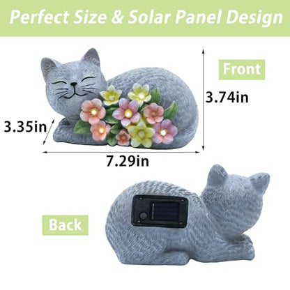 Solar Cat Garden Statue, Resin Solar Cat Lights for Outside - color: Gray With Colorful Flowers--lying Cat