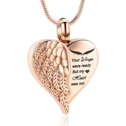Love Heart Cremation Jewelry Urn Necklaces Wing Urn Necklaces for Ashes Memorial Keepsake Pendant for Women Men Gifts With Funnel Kit & Bag - color: RoseGold