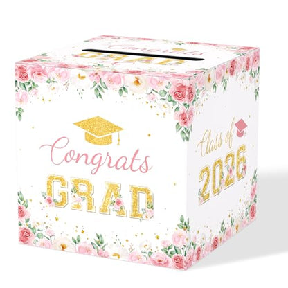 Floral Graduation Card Box 2026, Pink Flower Congrats Grad Card Holder Box, Graduation Party Money and Gift Card Box, Foldable Graduation Gift Grad Parties, 8.7 x 8.7 x 8.7 Inch - color: Pink Flower
