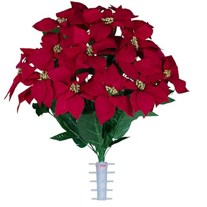 Artificial Flowers for Cemeteries - Red Poinsettias with Gold Glitter - (1) Bouquet - color: Red W Gold Glitter, size: (1) Bouquet