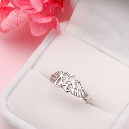 FLYOW S925 Sterling Silver A Piece of My Heart Lives in Heaven Angel Wing Ring for Women Jewelry Memory of Mom Dad Grandma Grandpa Daughter Son Loss Memorial Gift