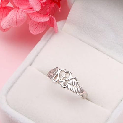 FLYOW S925 Sterling Silver A Piece of My Heart Lives in Heaven Angel Wing Ring for Women Jewelry Memory of Mom Dad Grandma Grandpa Daughter Son Loss Memorial Gift