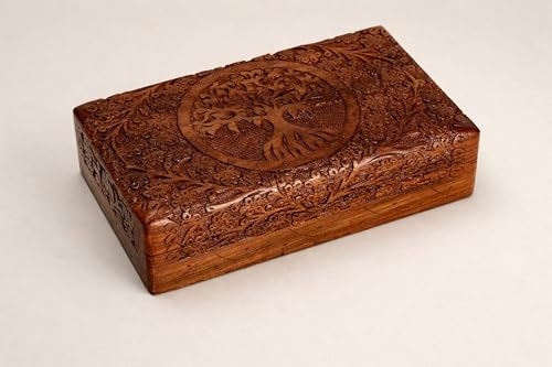 India House-Hand Engraved TREE OF LIFE Wooden Box Keepsake Jewelry Organizer &Storage (Design 13) - color: Design 13