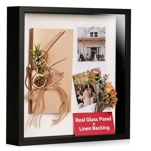 12x12 Shadow Box Frame with Ultra-Clear Glass & Soft Linen Back - color: Black+high Definition Panel + Shatter-proof Packaging, size: 12x12