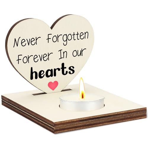 Never Forgotten Forever in Our Hearts Memorial Candle Holder, Wooden Tea Light Stand, Sympathy Bereavement Gift for Loss of Loved One, in Loving Memory Home Décor, Remembrance Candle Display, CCA736 - color: Beige - Never Forgotten Forever in Our Hearts