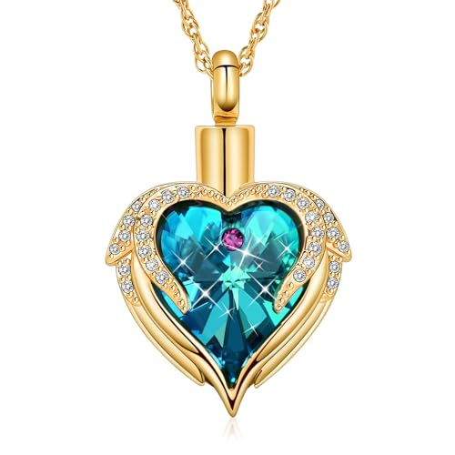 shajwo Angel Wing Heart Urn Necklace for Ashes - color: Gold-Blue