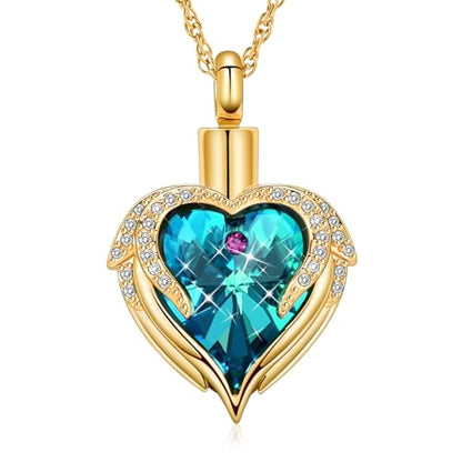 shajwo Angel Wing Heart Urn Necklace for Ashes - color: Gold-Blue