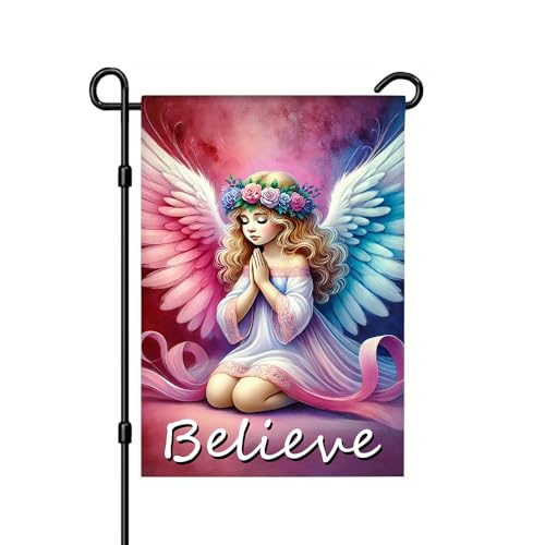 Angel Garden Flag 12x18 in Believe Floral Memorial Yard Decor | Angel garden flag with Believe lettering rainbow wings floral crown and ribbon design for yard lawn porch garden decor - color: Colorful Flag#09