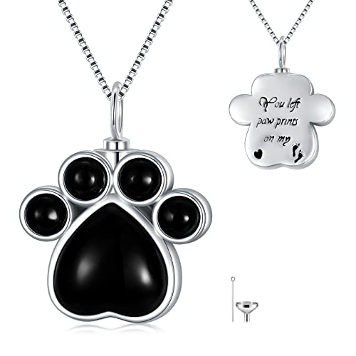 Cremation Jewelry for Ashes 925 Sterling Silver Sunflower/Rose/Cross/Paw Print/Crystal/Swan/Hamsa Hand/Koala/Clover/Bar Urn Necklace for Human Pet Ashes Keepsake Memorial Jewelry Gifts for Women Girls - color: 08-Paw Print Urn with Obsidian