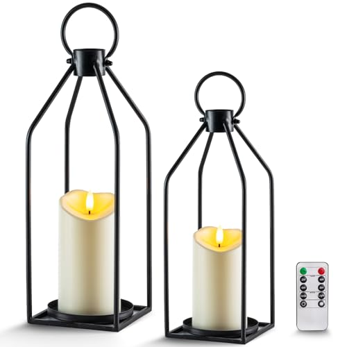 Homemory Modern Farmhouse Black Metal Lanterns 2PCS with Flameless Candle - color: Black