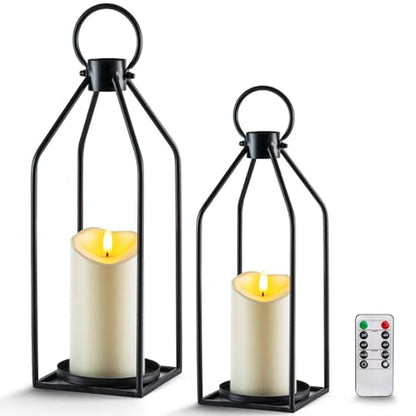 Homemory Modern Farmhouse Black Metal Lanterns 2PCS with Flameless Candle - color: Black