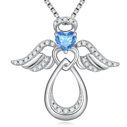 925 Sterling Silver Guardian Angel Pendant Necklace for Women with Birthstone Cubic Zirconia Little Angel Pendant Necklace Jewelry 18 inch Chain - color: 03-Mar-Aquamarine