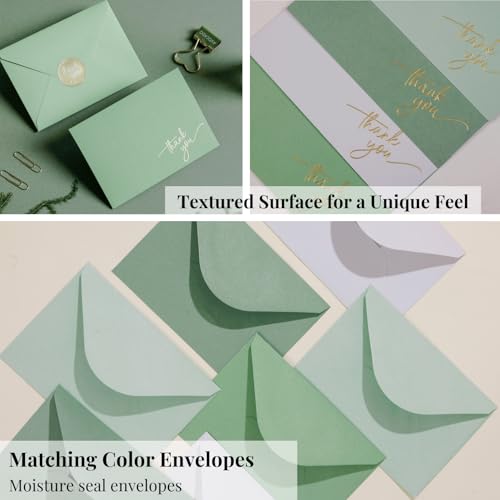 Gold Foil Thank You Cards - Bulk Pack of 40, 5x3.5 Inch with Matching Stickers & Envelopes (Green) Textured Surface for a Unique Feel - Suitable for Baby Shower, Wedding, Small Business, Graduation | 5 x 3.5 Inches, Green Textured Surface, Thank You Stick