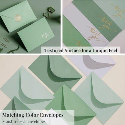 Gold Foil Thank You Cards - Bulk Pack of 40, 5x3.5 Inch with Matching Stickers & Envelopes (Green) Textured Surface for a Unique Feel - Suitable for Baby Shower, Wedding, Small Business, Graduation | 5 x 3.5 Inches, Green Textured Surface, Thank You Stick