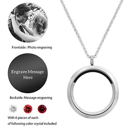 Stainless Steel Personalized Custom Photo Engraving Crystal 30mm Round Pendant Floating Locket Chain Necklace