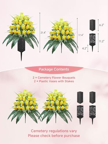 Mirevielyn 2-Pack 24-Stem Artificial Rose Cemetery Flowers with Vases - color: Yellow (Warm Memory)