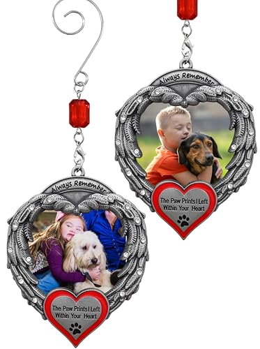 Dog Memorial Photo Christmas Ornaments Set of 2, Always Remember The Paw Prints I Left Within Your Heart, Angel Wings Pet Loss Picture Frame Ornaments, Sympathy for Loss of Dog, Memorial Keepsake - size: 2 Pieces - Standard